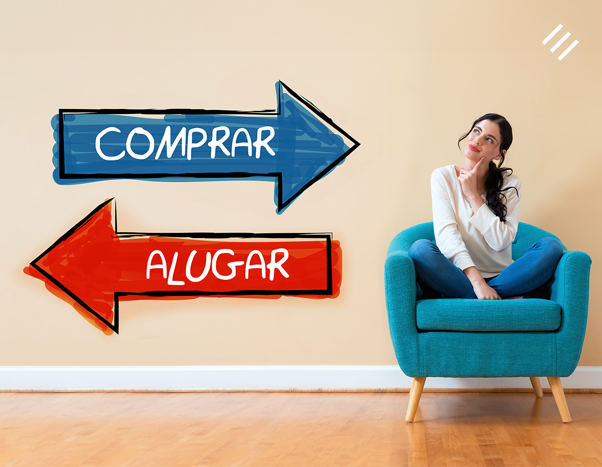 mulher sentada em poltrona com expressão pensativa entre comprar ou alugar apartamento
