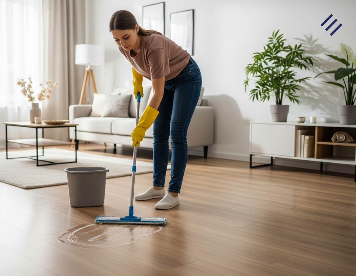 Mulher começa a limpar o piso laminado do seu apartamento