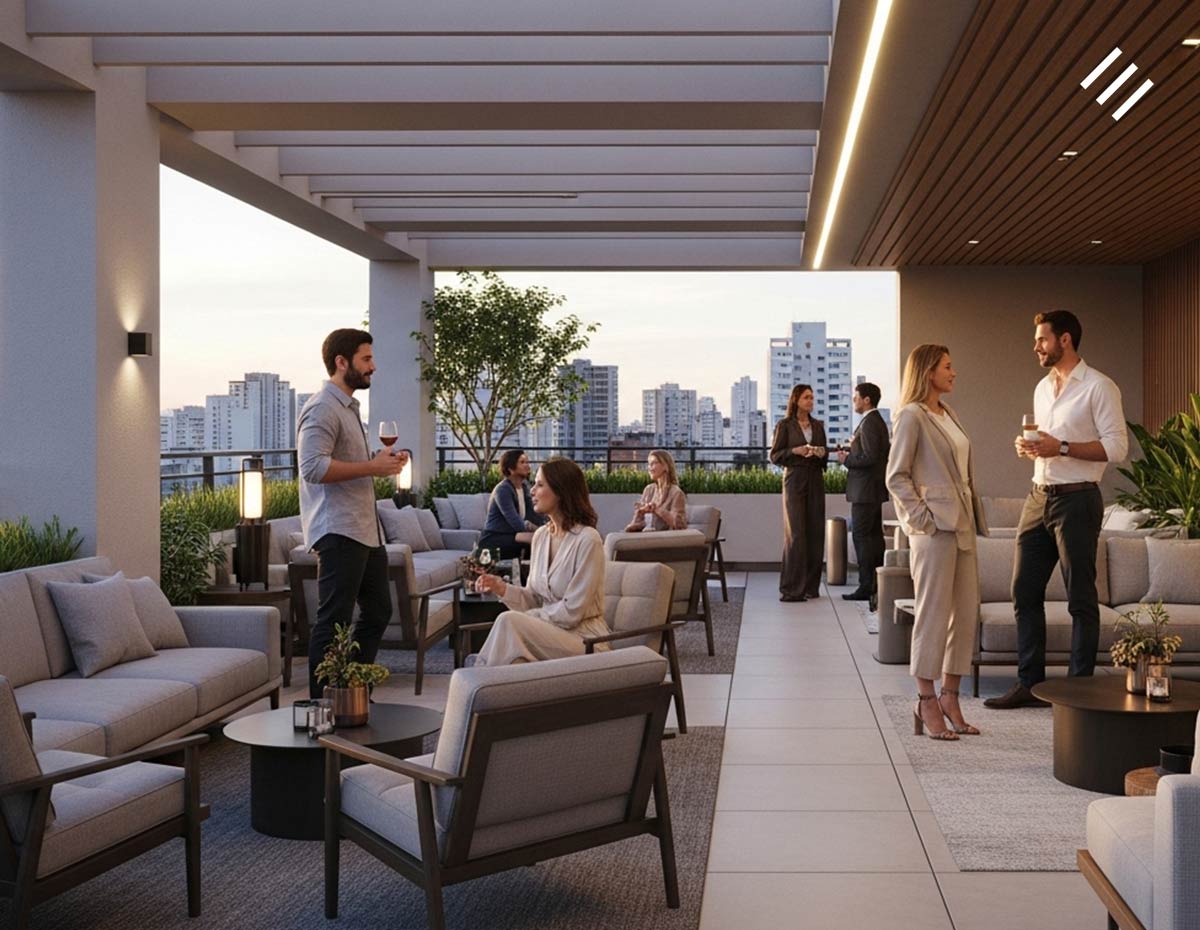 Pessoas aproveitando o espaço gourmet em um rooftop lounge