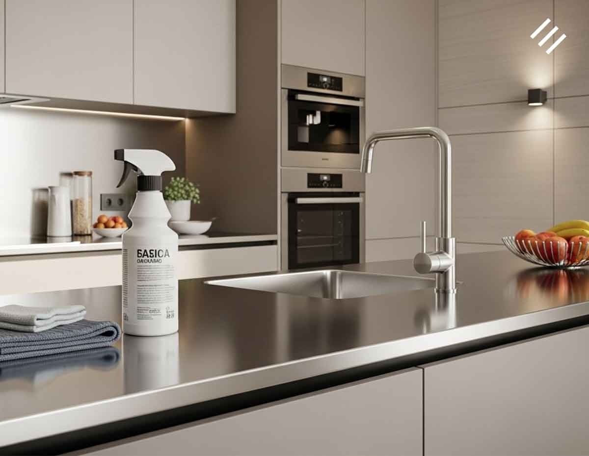 Bancada de inox em cozinha, peça necessária de limpeza