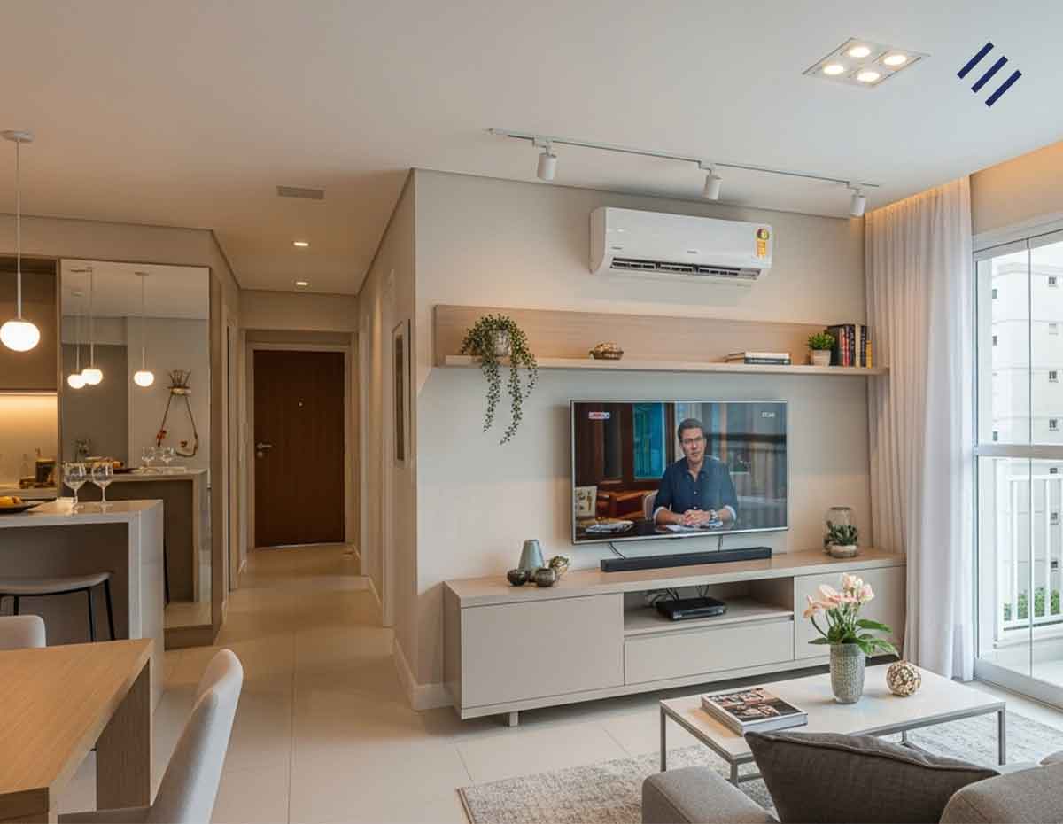 Sala de apartamento com eletrônicos e luzes ligados