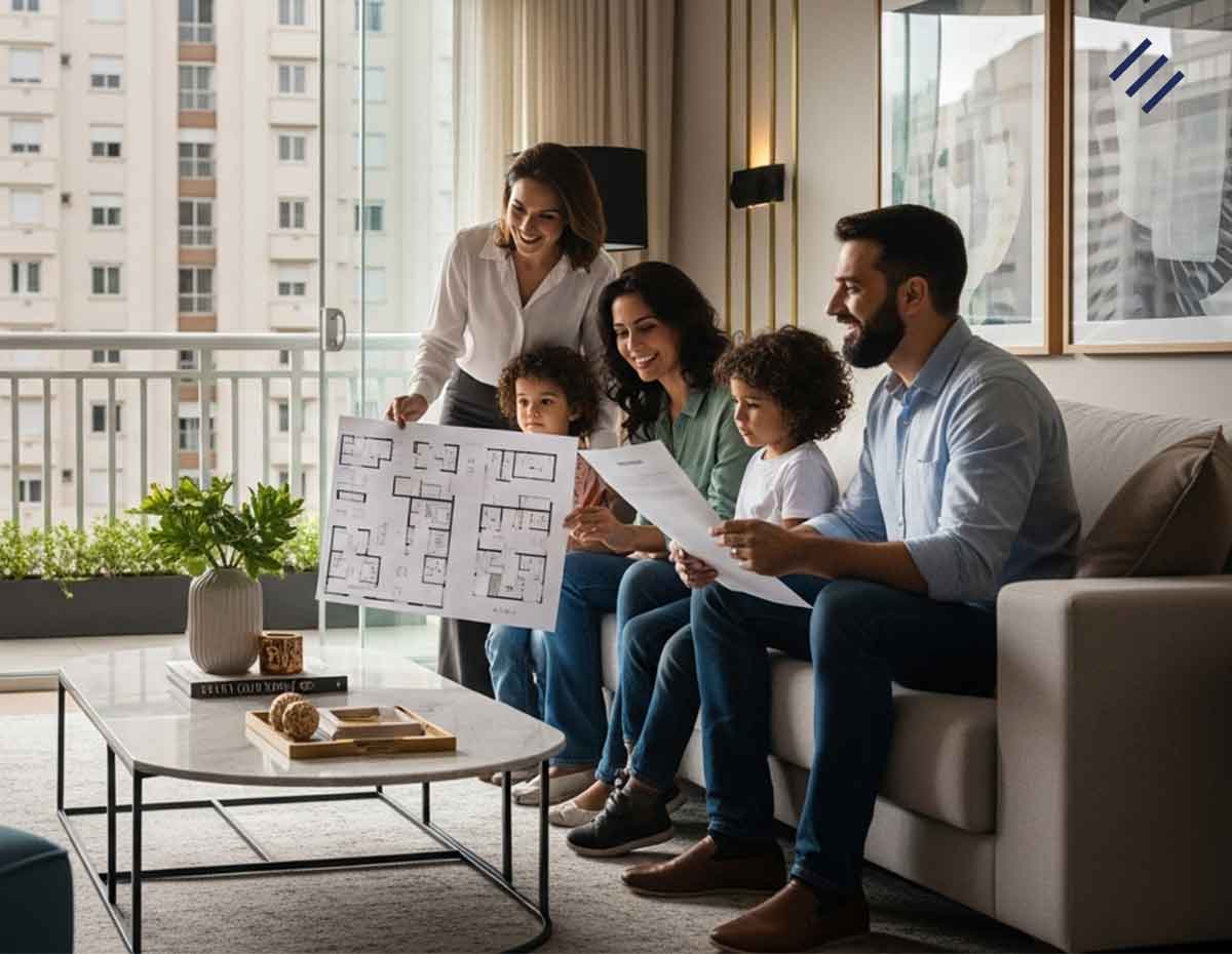 Família vendo planta de imóvel