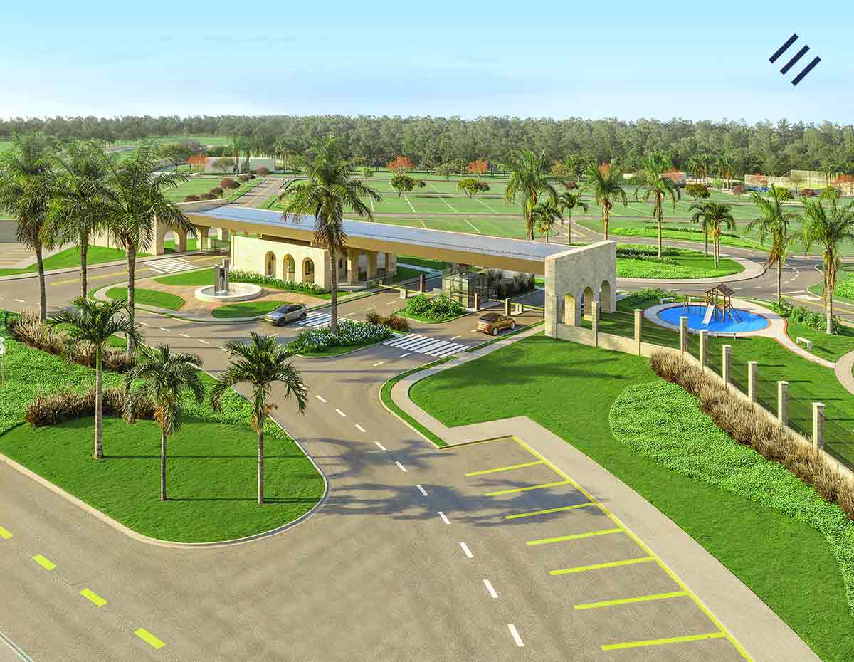 Pespectiva do acesso do Vinhas Parque Évora, condomínio horizontal em Goiiânia