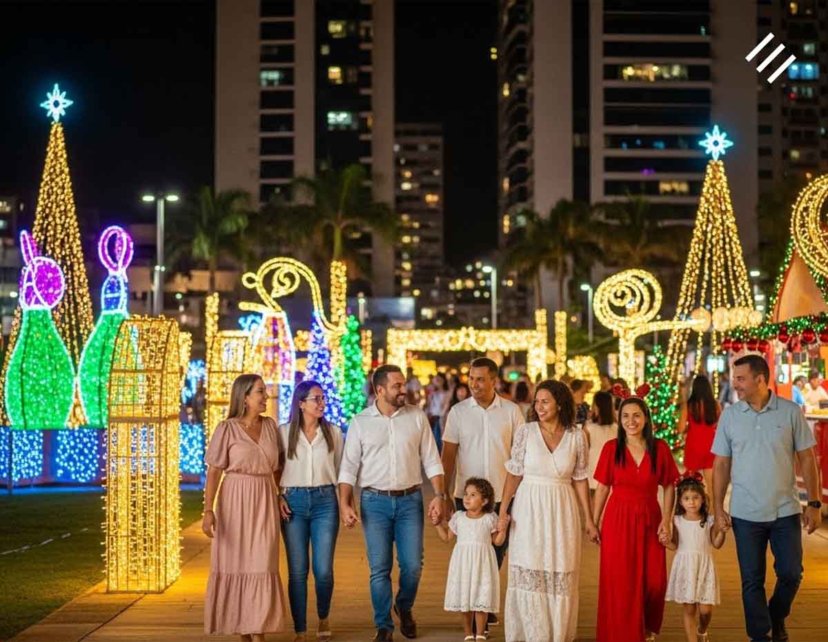 Família passeando pelas decorações de natal em goiânia.