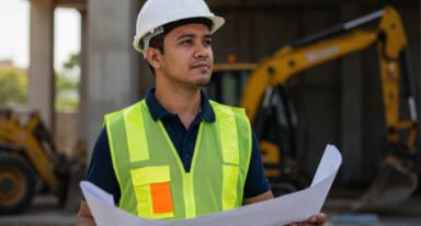profissionais de obra com equipamentos de obra e planta de imovel na mão