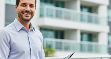 Corretor em primeiro plano, com empreendimento residencial ao fundo