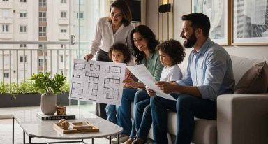 Família vendo planta de imóvel
