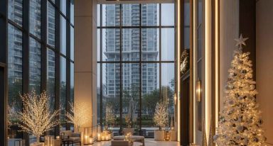 Decoração de natal em área comum de condomínio.