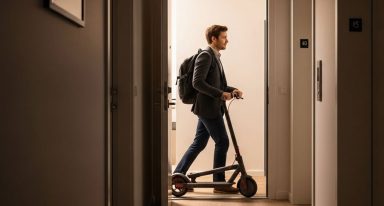 Homem com patinete elétrico, peça exemplo da micromobilidade.