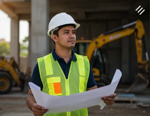 profissionais de obra com equipamentos de obra e planta de imovel na mão