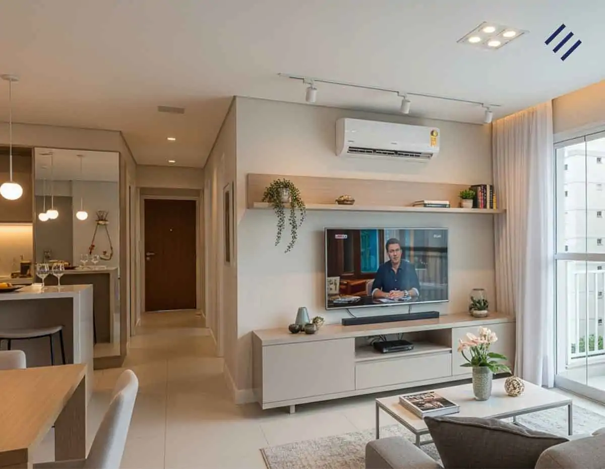 Sala de apartamento com eletrônicos e luzes ligados