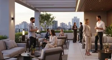 Pessoas aproveitando o espaço gourmet em um rooftop lounge